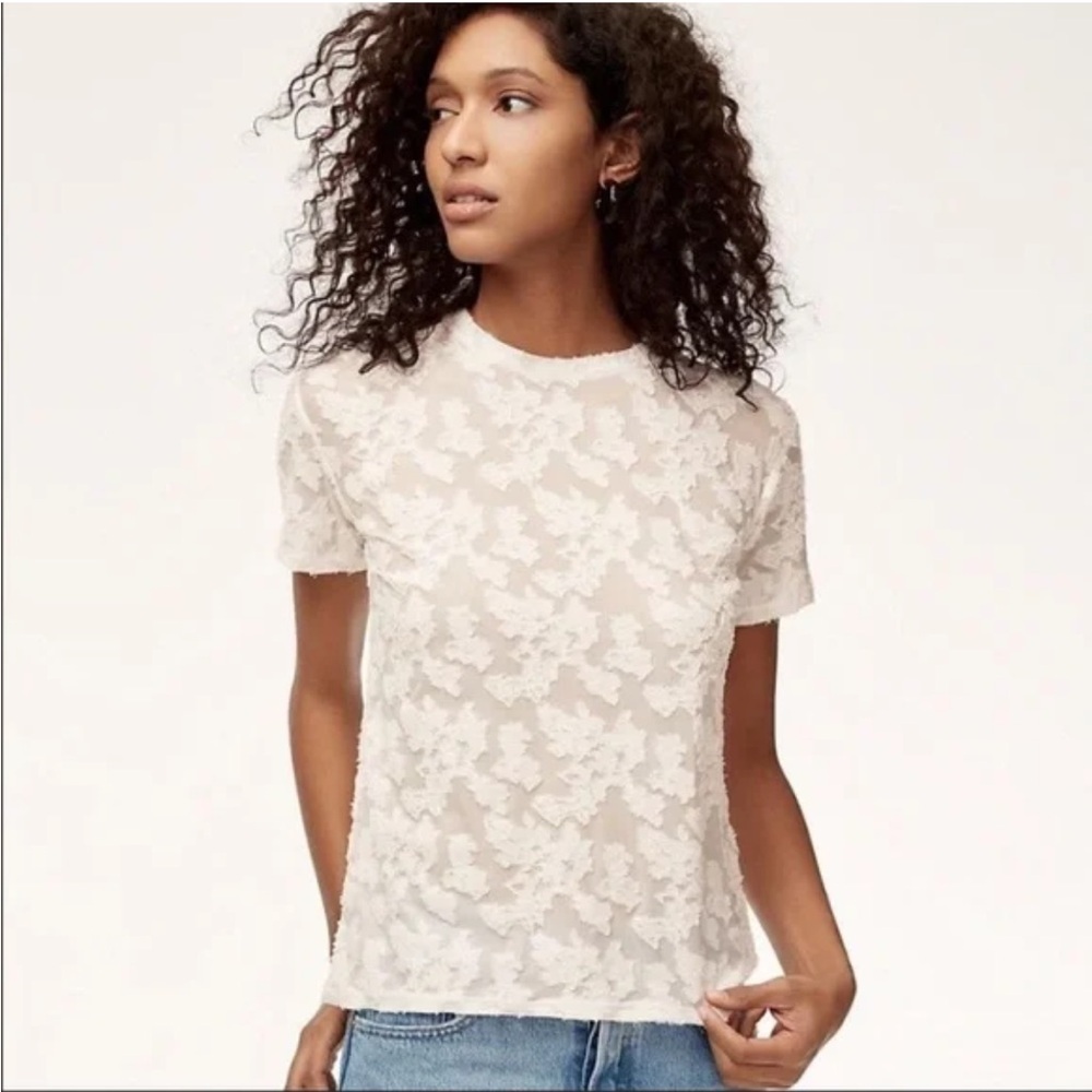 WILFRED Tarascon White Lace Appliqué Floral Lace Short Sleeve Tee size XS - flaw